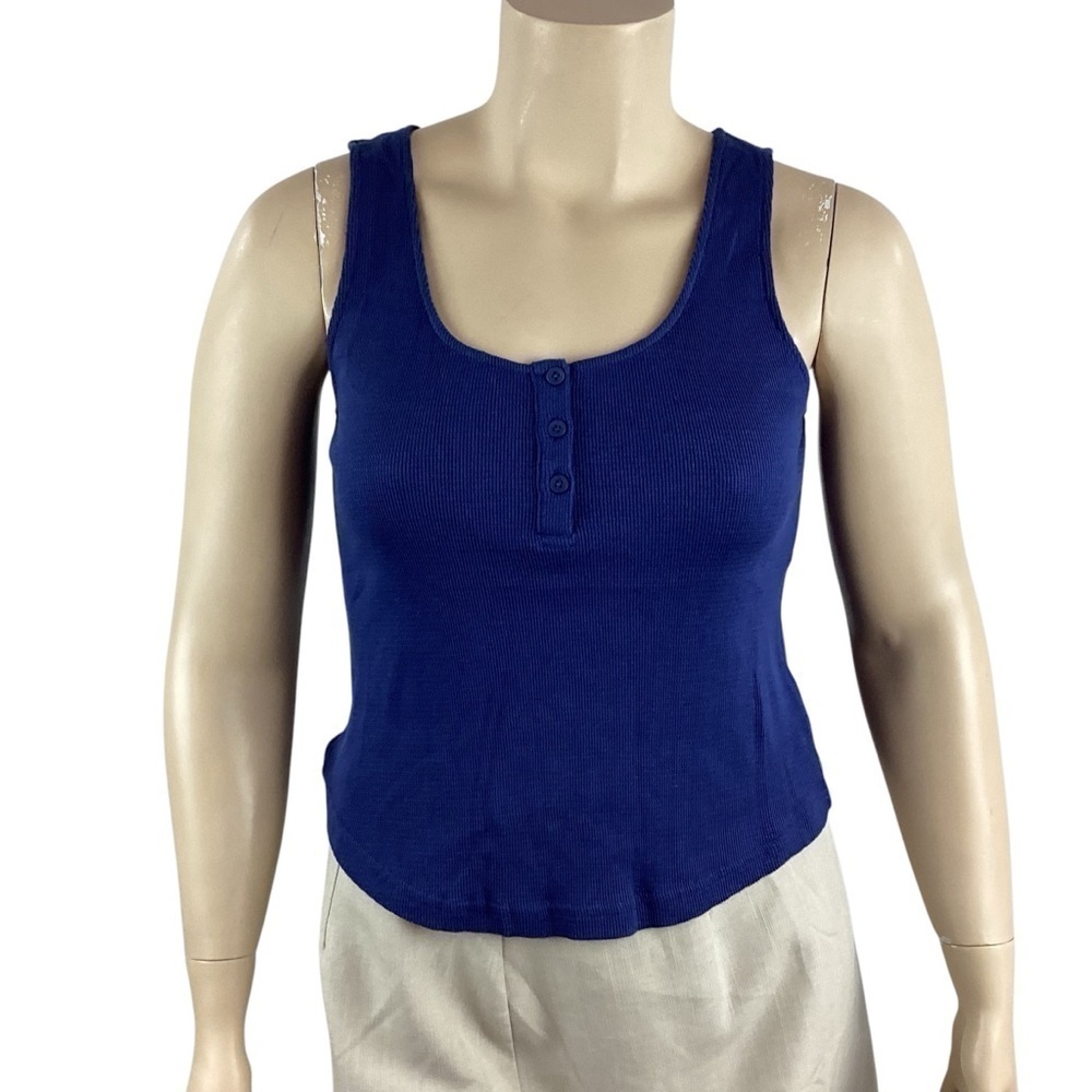 Monrow Baby Thermal Loose Henley Waffle Knit Tank Size XL Blue